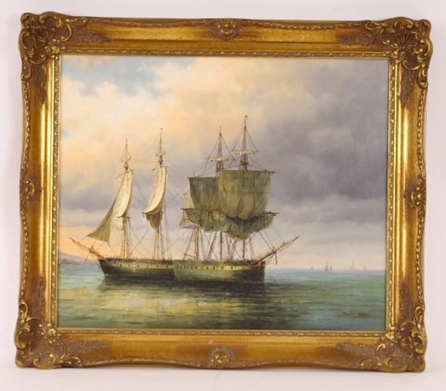 Napoleonic Warships Anchoring off Coast, Oil Painting - Brown Landscape Painting by James Hardy
