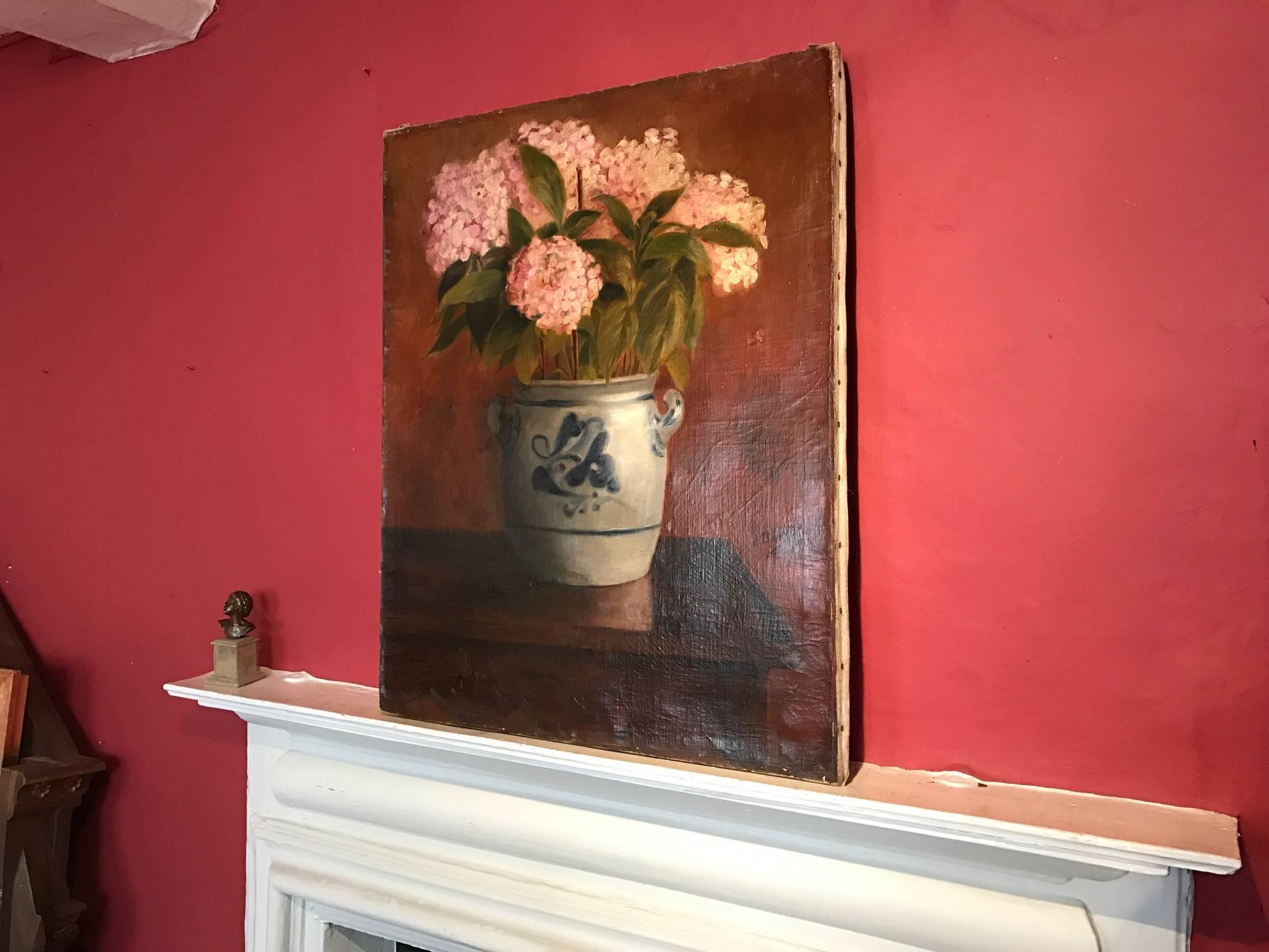 Hydrangeas in Ceramic Pot - Large Antique French Impressionist Oil - Painting by Alice-Claire-Sylvie Bastide