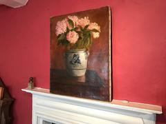 Hydrangeas in Ceramic Pot - Large Antique French Impressionist Oil