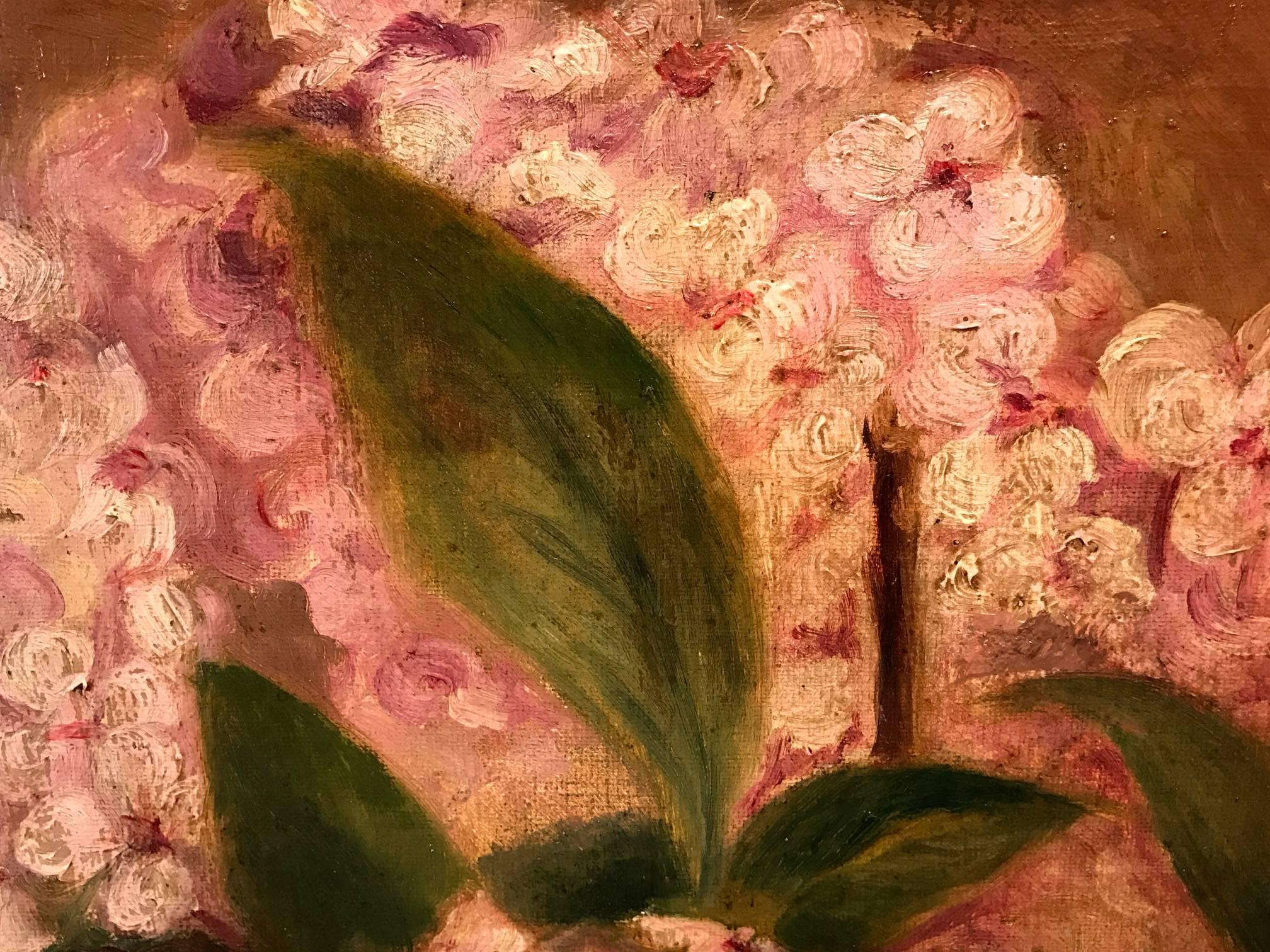 Hydrangeas in Ceramic Pot - Large Antique French Impressionist Oil - Brown Interior Painting by Alice-Claire-Sylvie Bastide