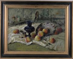 Still Life Peaches, Ceramic Bowls on Table Cloth