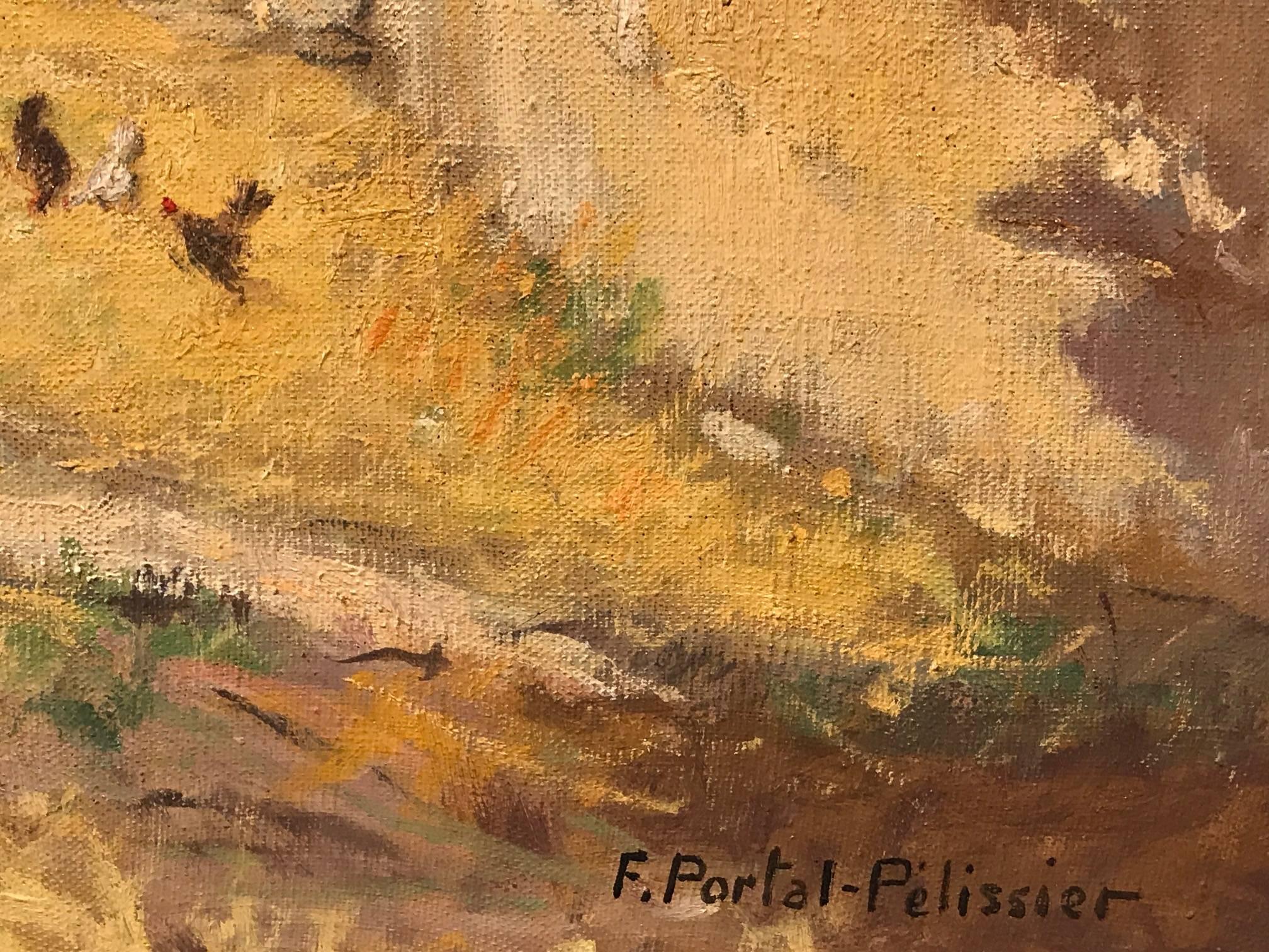 French Impressionist Oil - Provencal Farmhouse with Chickens - Brown Animal Painting by F. Portal-Pelissier