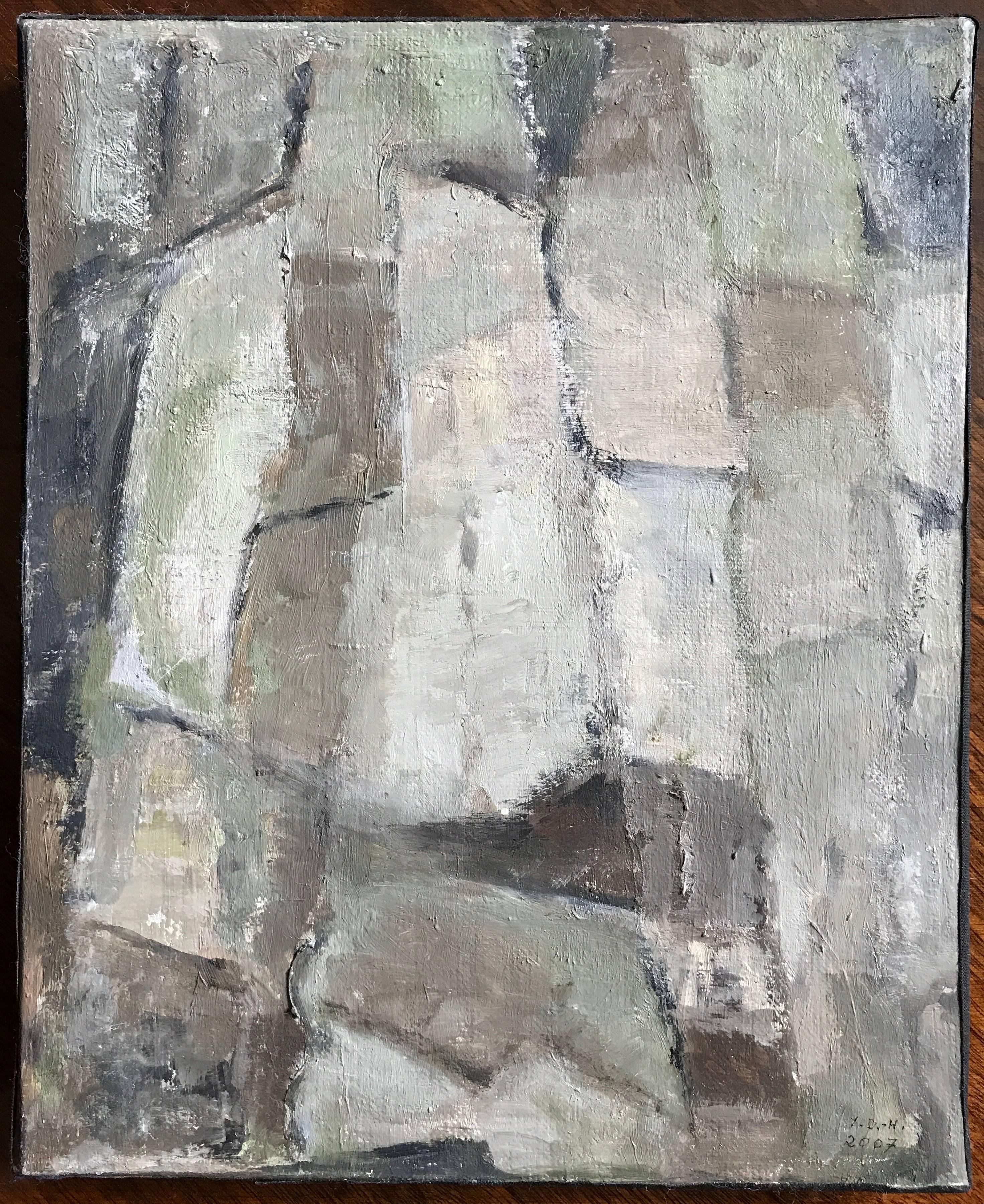 Peinture à l'huile abstraite cubiste française avec des couleurs sourdes - Painting de Yvette Dubois Habasque
