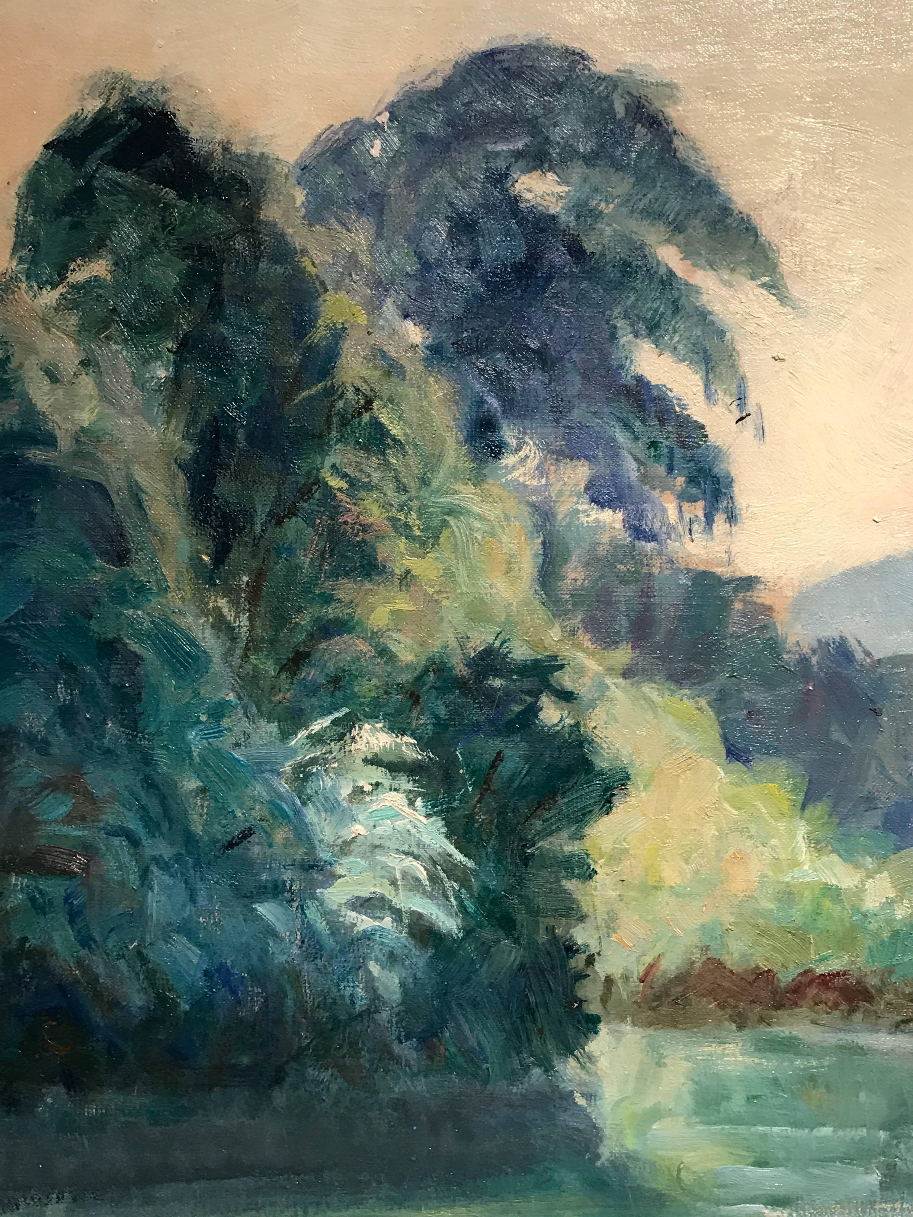 ANTIQUE FRENCH IMPRESSIONIST OIL PAINTING BEAUTIFUL RIVER SCENE - Brown Landscape Painting by Marc Bardon