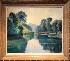 ANTIQUE FRENCH IMPRESSIONIST OIL PAINTING BEAUTIFUL RIVER SCENE