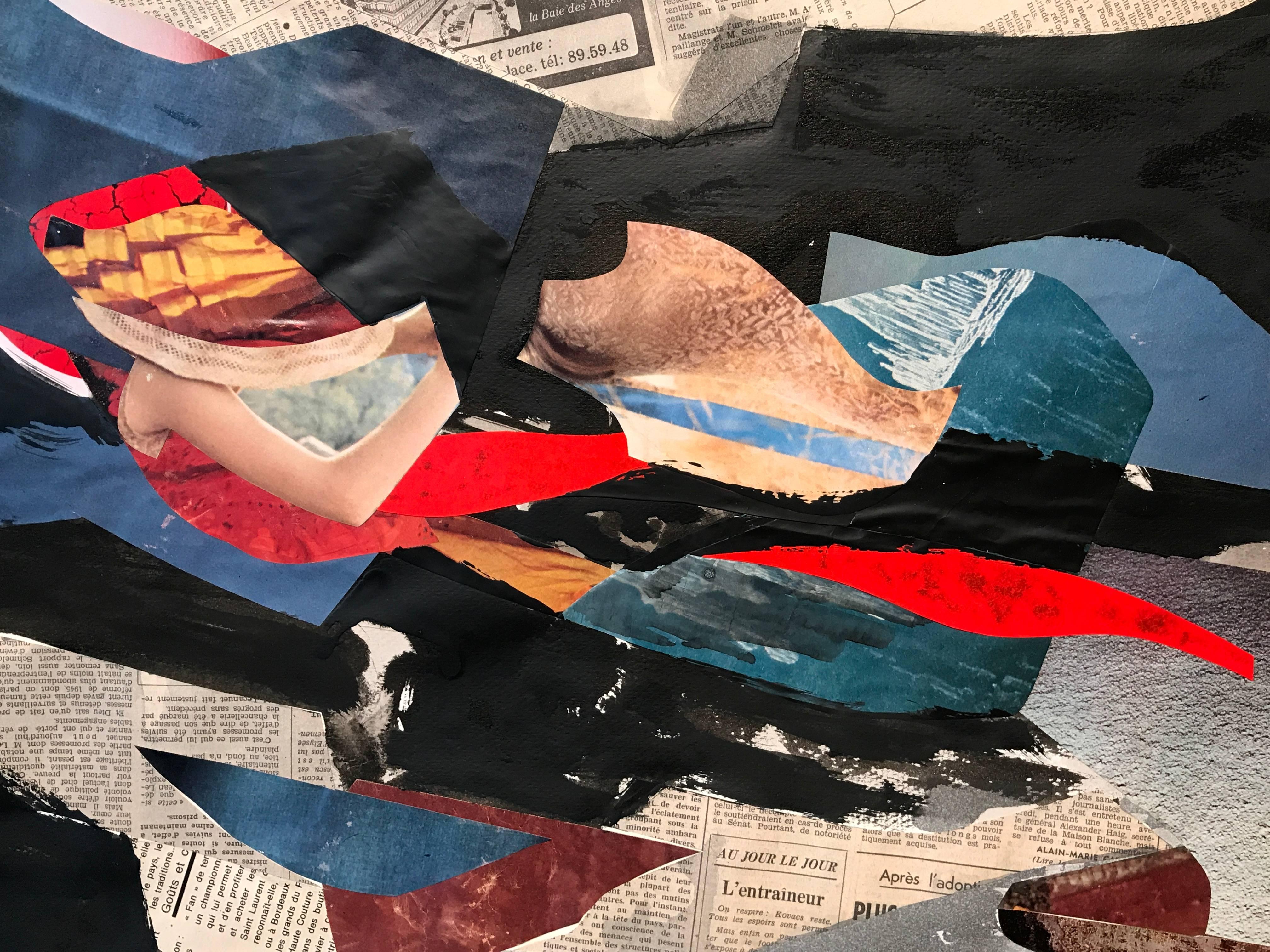 Grande peinture abstraite française avec collage découpé, œuvre d'art de l'artiste répertorié - Noir Abstract Painting par Bernard Herzog