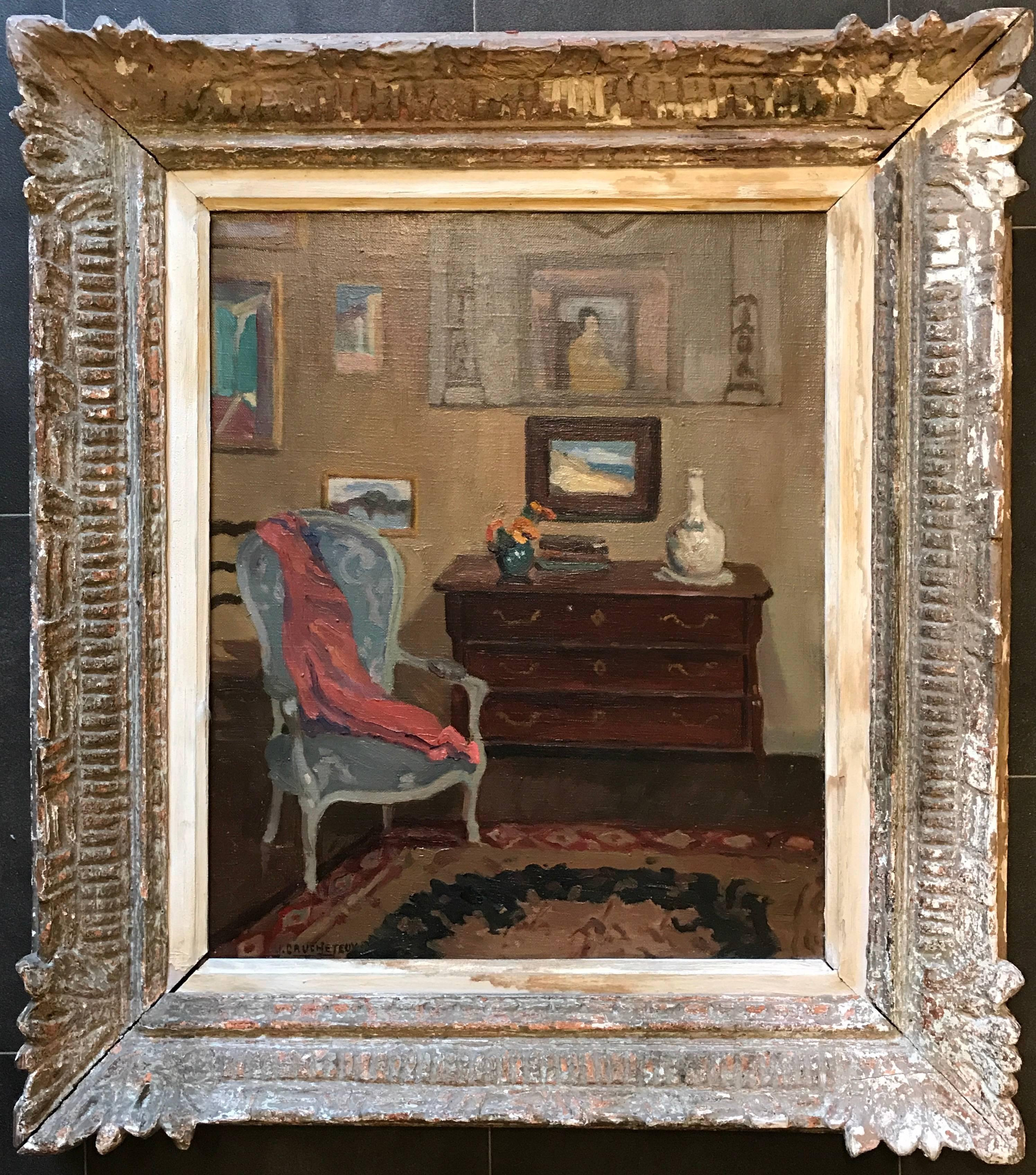 Superb French Impressionist Parlour Sitting Room Interior Scene Signed Oil - Painting by Julien Caucheteux