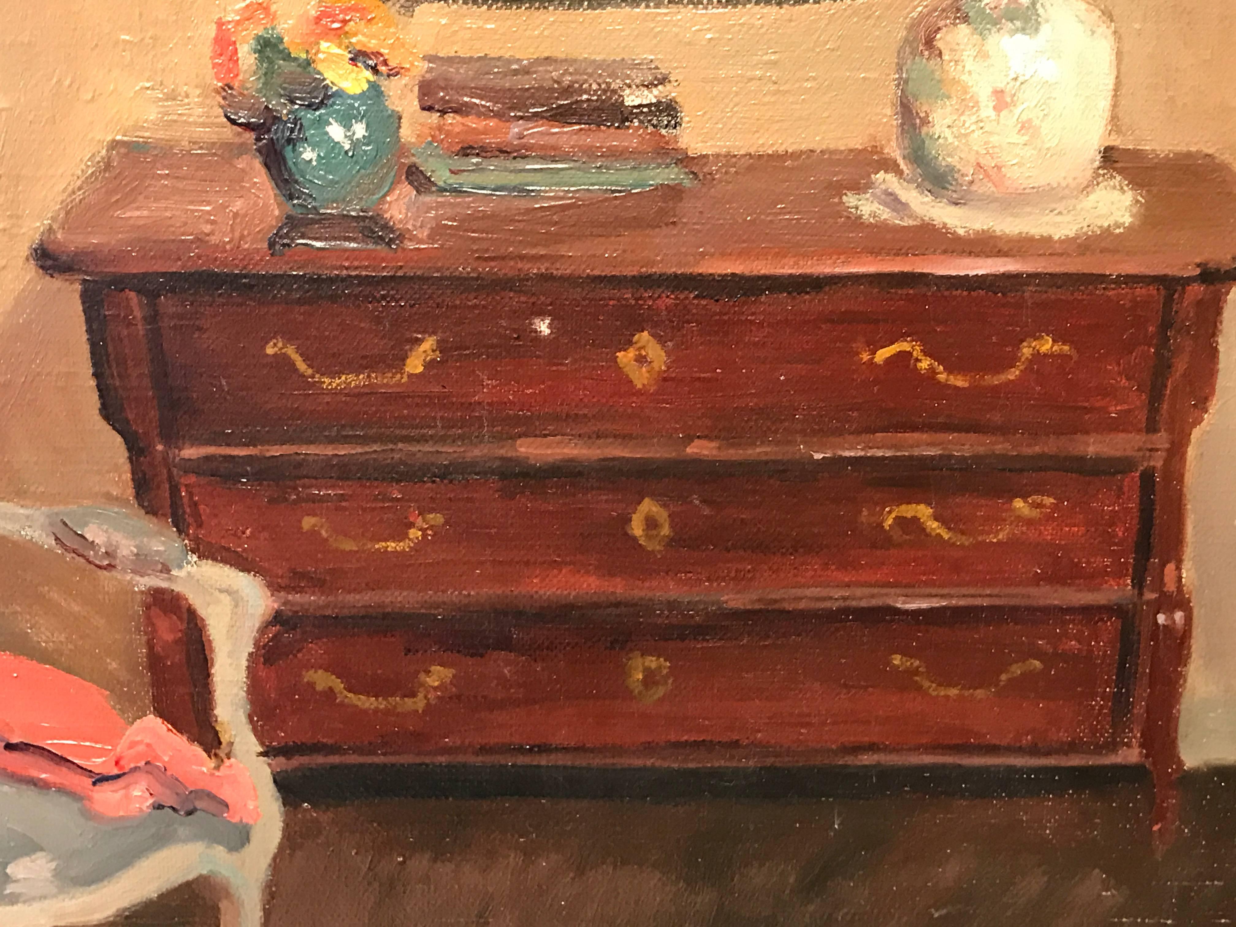 Superb French Impressionist Parlour Sitting Room Interior Scene Signed Oil - Brown Interior Painting by Julien Caucheteux
