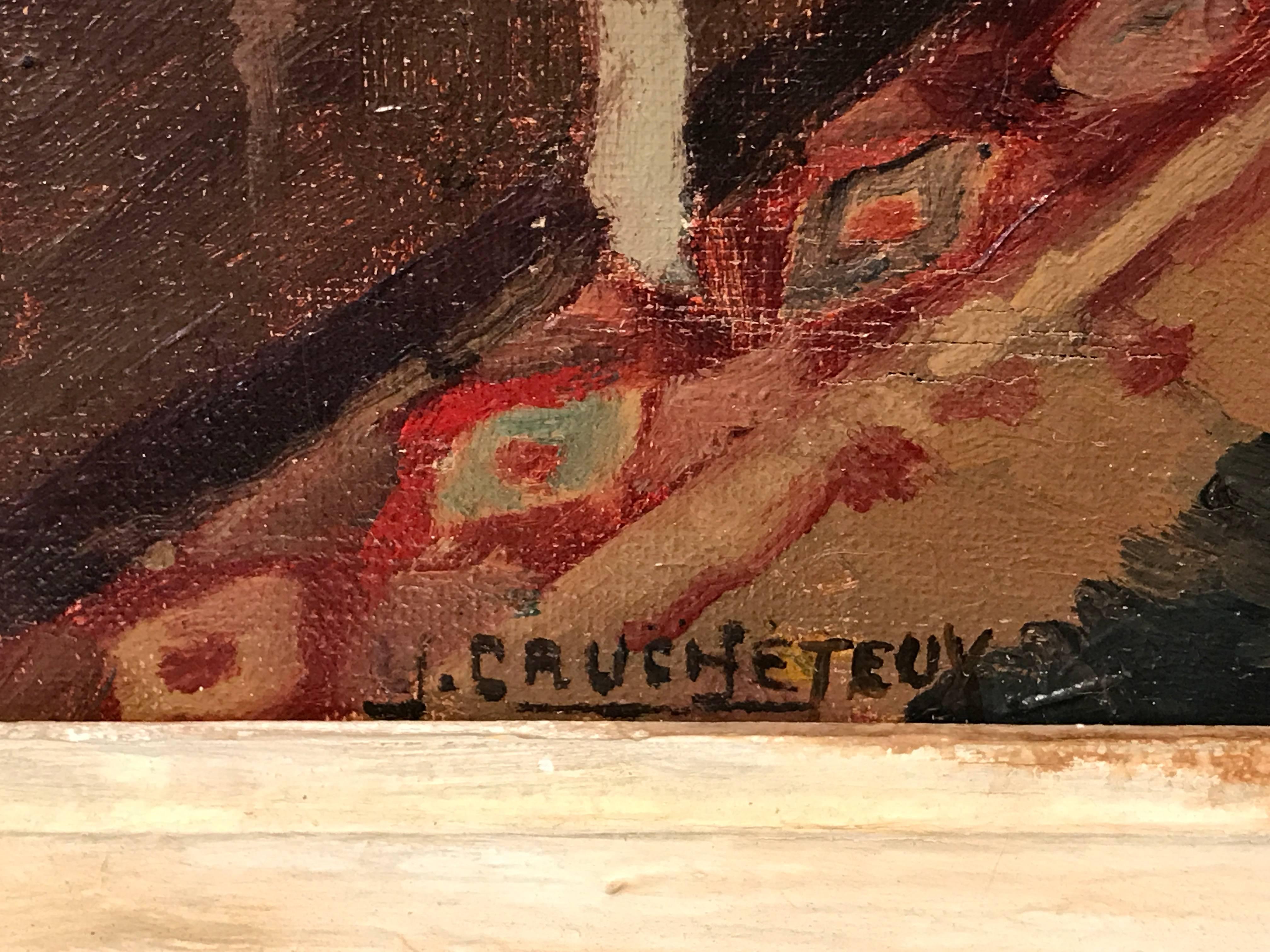 Delightful 1930's French oil painting on canvas, depicting this interior scene. The work is signed by the early 20th century French artist Julien Caucheteux to the lower corner. 

The interior is captured with colour and vibrancy and a wonderful