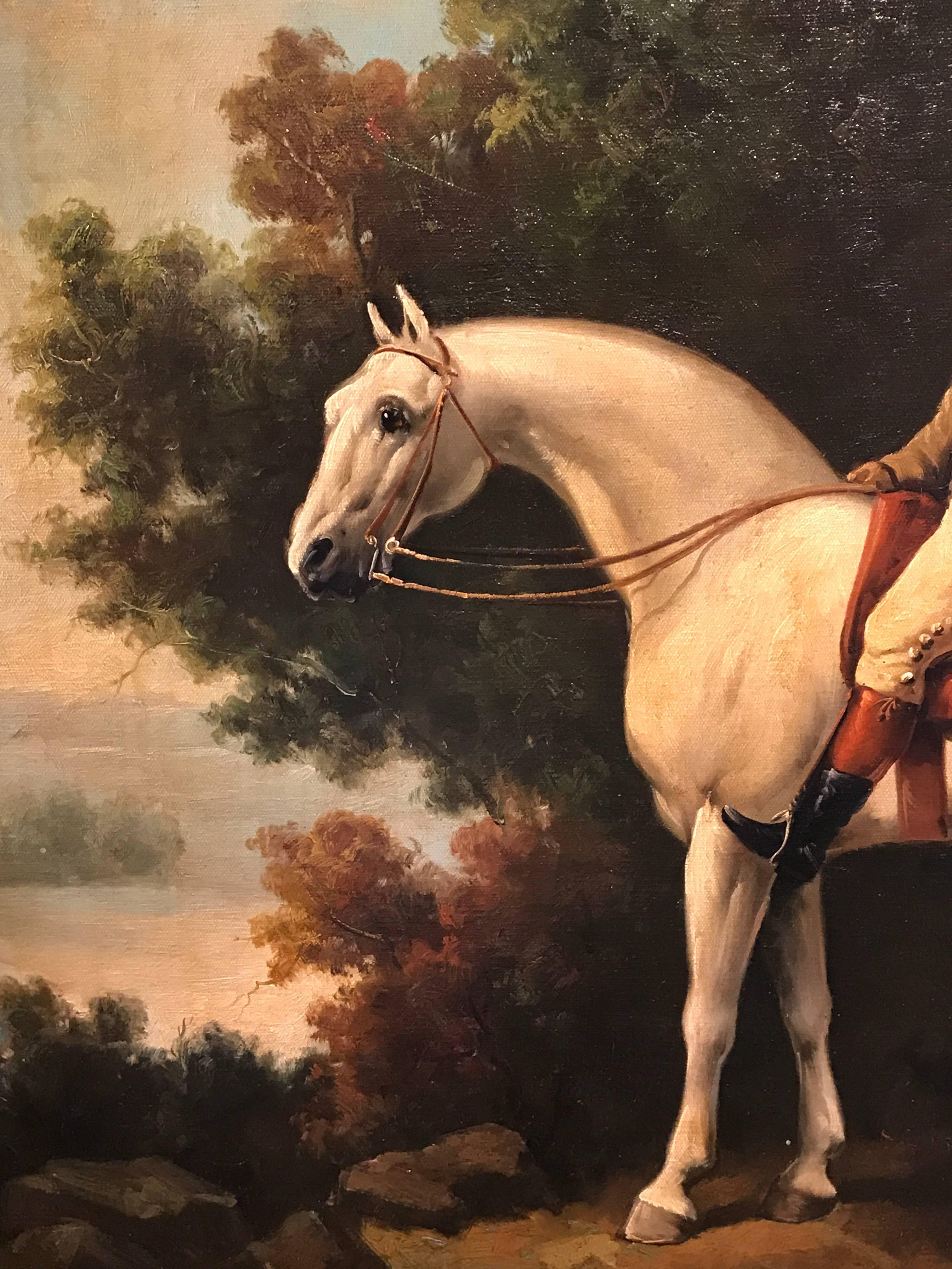 Very fine quality portrait of a gentleman seated on horseback. The painting is oil on canvas and signed by its artist to the lower right corner. 

The work is either based on an earlier work by George Stubbs or very much painted in that style.