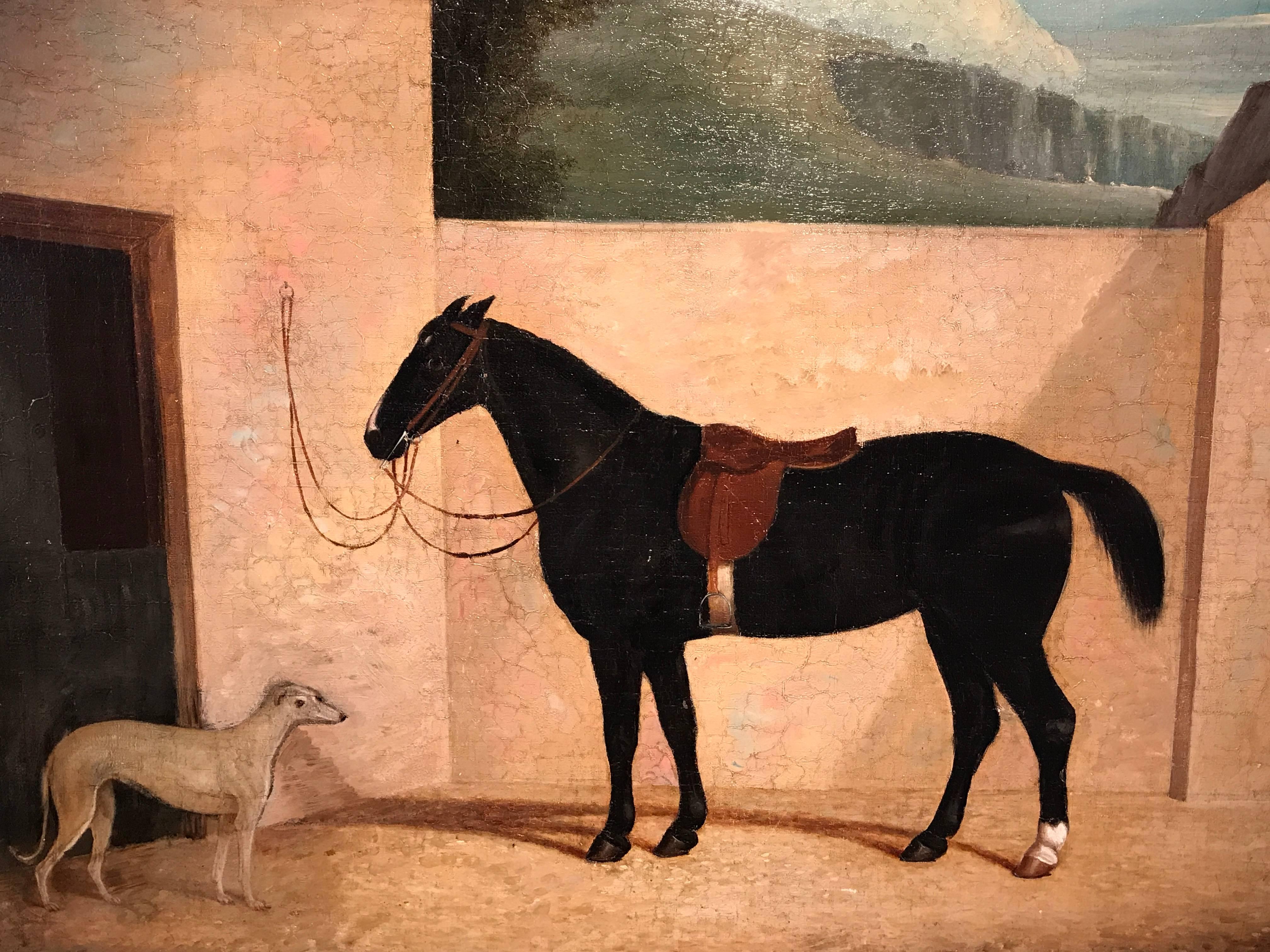 Large 1830's English Sporting Oil Painting Chestnut Hunter & Lurcher - Brown Landscape Painting by (After) Edwin Cooper