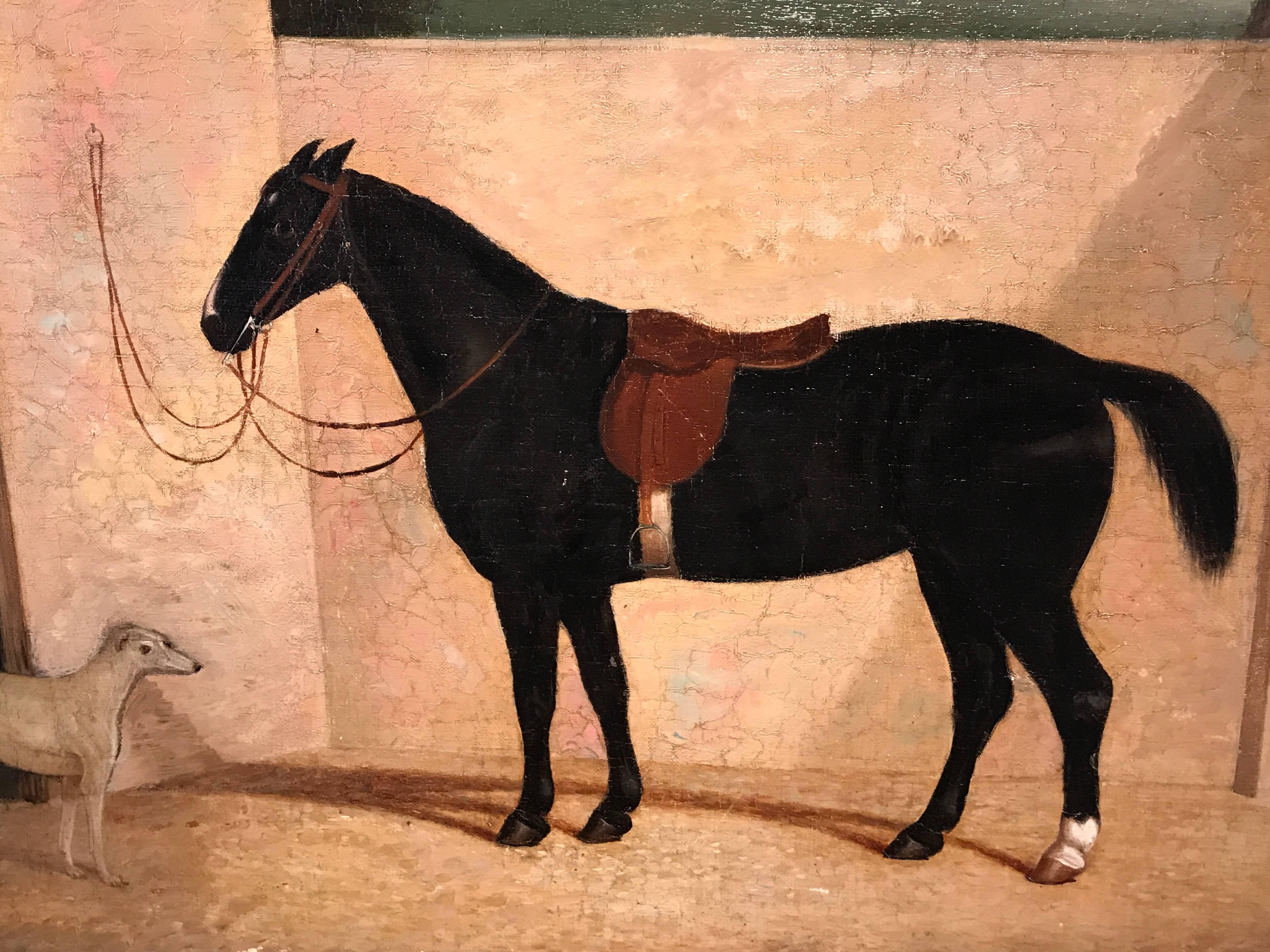 Large 1830's English Sporting Oil Painting Chestnut Hunter & Lurcher 1
