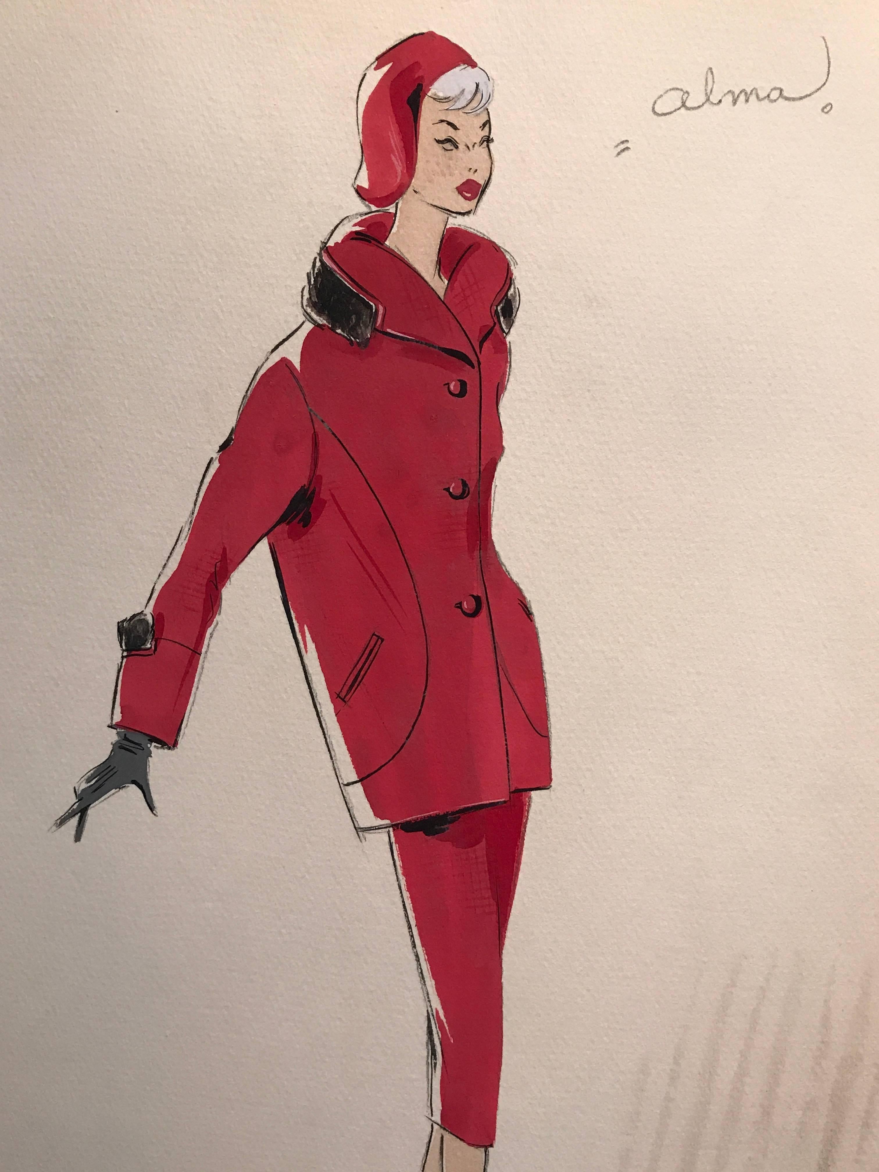 Lady in Red Original Parisian Fashion Illustration Sketch - Art by Unknown