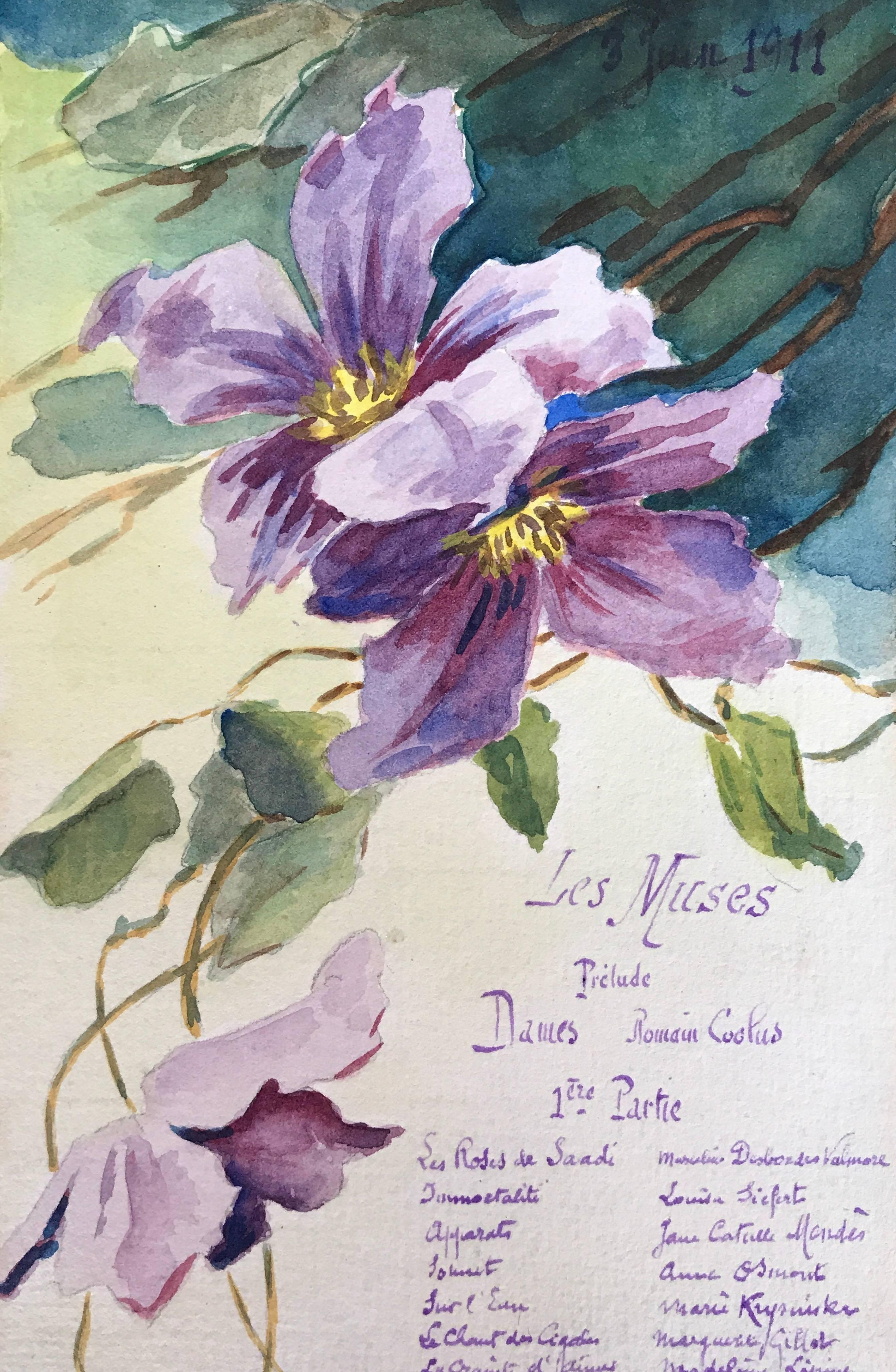 Beautiful and very rare set of eight original French watercolour paintings, each depicting a floral tribute. Each is beautifully painted, with intricate detailing. They are dated between 1904 and 1919, some are signed by the artist and most are