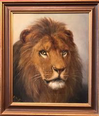 Antique English Original Oil Painting on Canvas Head of a Lion