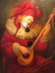 Used Very Large Russian Oil Painting Portrait of Clown with Mandolin