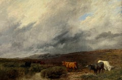 Antique Oil Highland Cattle Scottish Moor beneath Grey Moody Dramatic Skies