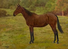 Porträt eines britischen Pferdes – Reitsport-Ölgemälde: Ein brauner Hunter steht auf einer Wiese