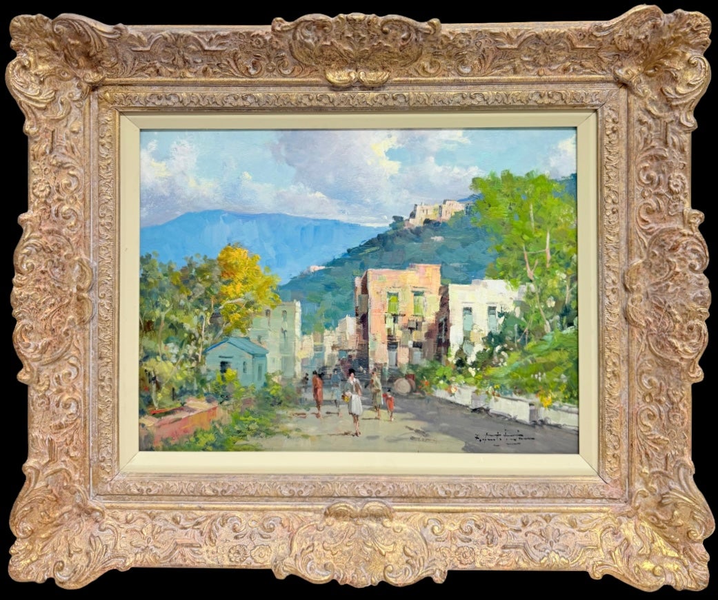 Figures in Summer's Village Outside Naples Impressionist Italian Oil Painting