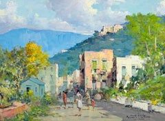 Figures in Summer's Village Outside Naples Impressionist Italian Oil Painting