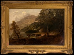 Fine Victorian Highland Cattle Watering in Scottish Loch Landscape Signed Oil