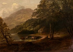 Fine Victorian Highland Cattle Watering in Scottish Loch Landscape Signed Oil