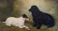 1930's English Oil Dog Portrait of Jack Russell Terrier and Black Spaniel Dog