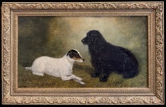 1930's English Oil Dog Portrait of Jack Russell Terrier and Black Spaniel Dog
