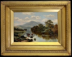 Cattle Watering in Highland Landscape Fine 19thC British Oil Painting framed