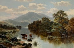 Cattle Watering in Highland Landscape Fine 19thC British Oil Painting framed