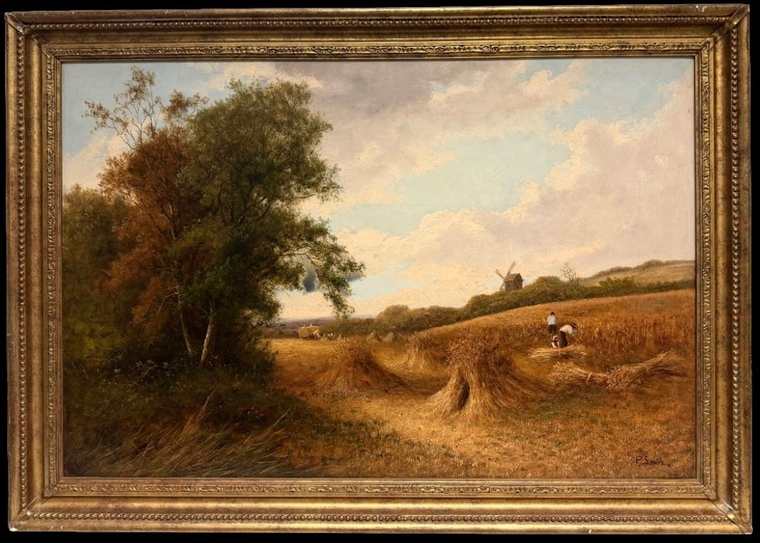Dipinto a olio inglese raffigurante delle belle trebbiatrici d'epoca all'opera in un campo di grano illuminato dal sole durante il raccolto