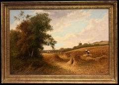 Fine Antique Wheat Threshers Working Sunlit Harvest Field English Oil Painting