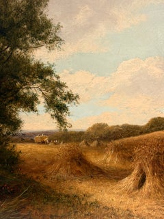 Fine Antique Wheat Threshers Working Sunlit Harvest Field English Oil Painting