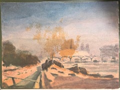 Acquerello impressionista francese raffigurante la Senna avvolta dalla nebbia e Notre-Dame
