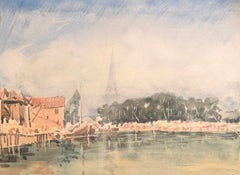 Acquerello impressionista francese raffigurante delle barche a vela in un porto francese avvolto dalla nebbia