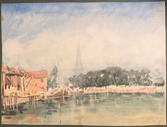 Acquerello impressionista francese raffigurante delle barche a vela in un porto francese avvolto dalla nebbia