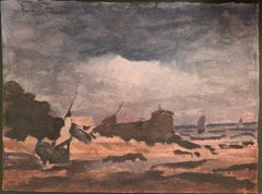 Scena costiera tempestosa con barche da pesca, di un impressionista francese