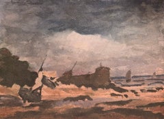 French Impressionist Stormy Coastal Scene with Fishing Boats