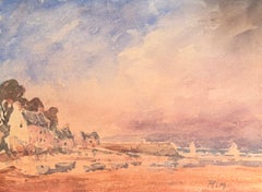 French Impressionist Sunset over a Coastal Village Beach Watercolour