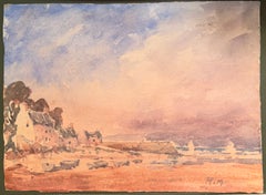 French Impressionist Sunset over a Coastal Village Beach Watercolour
