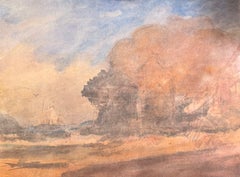 Französisches impressionistisches Aquarell einer bewaldeten Küste mit einem Segelschiff in der Ferne