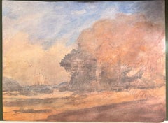 Französisches impressionistisches Aquarell einer bewaldeten Küste mit einem Segelschiff in der Ferne