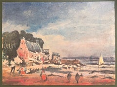 Acquerello impressionista francese raffigurante figure su una spiaggia estiva con barche a vela