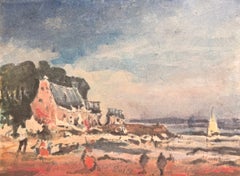 Acquerello impressionista francese raffigurante figure su una spiaggia estiva con barche a vela