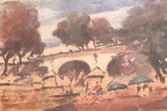 French Impressionist Watercolour of Figures on a Summer Beach with Sailboats
