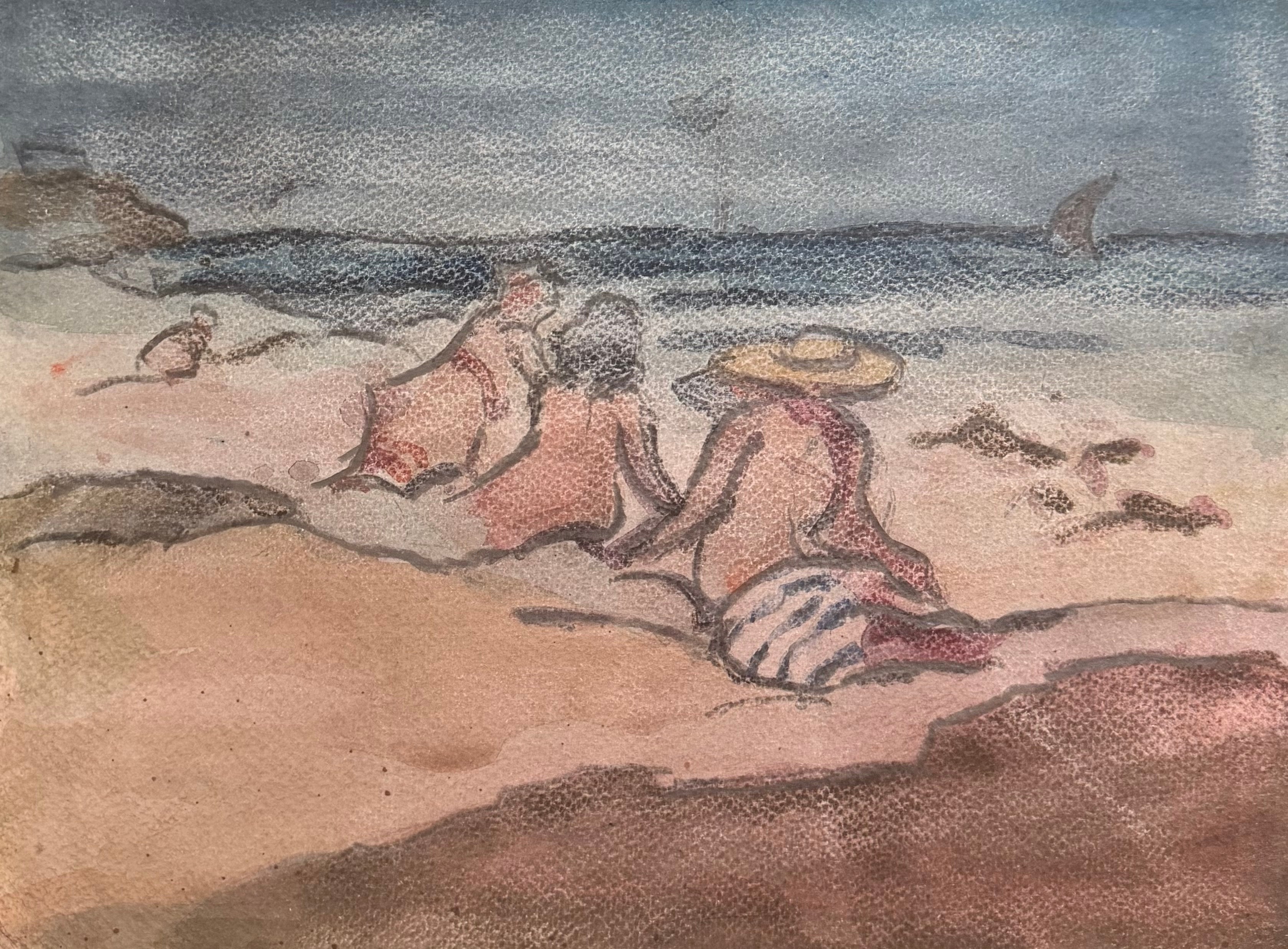 French Impressionist Watercolour of Nude Figures Sunbathing on a Beach
