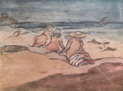 French Impressionist Watercolour of Nude Figures Sunbathing on a Beach