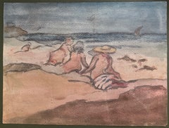 French Impressionist Watercolour of Nude Figures Sunbathing on a Beach