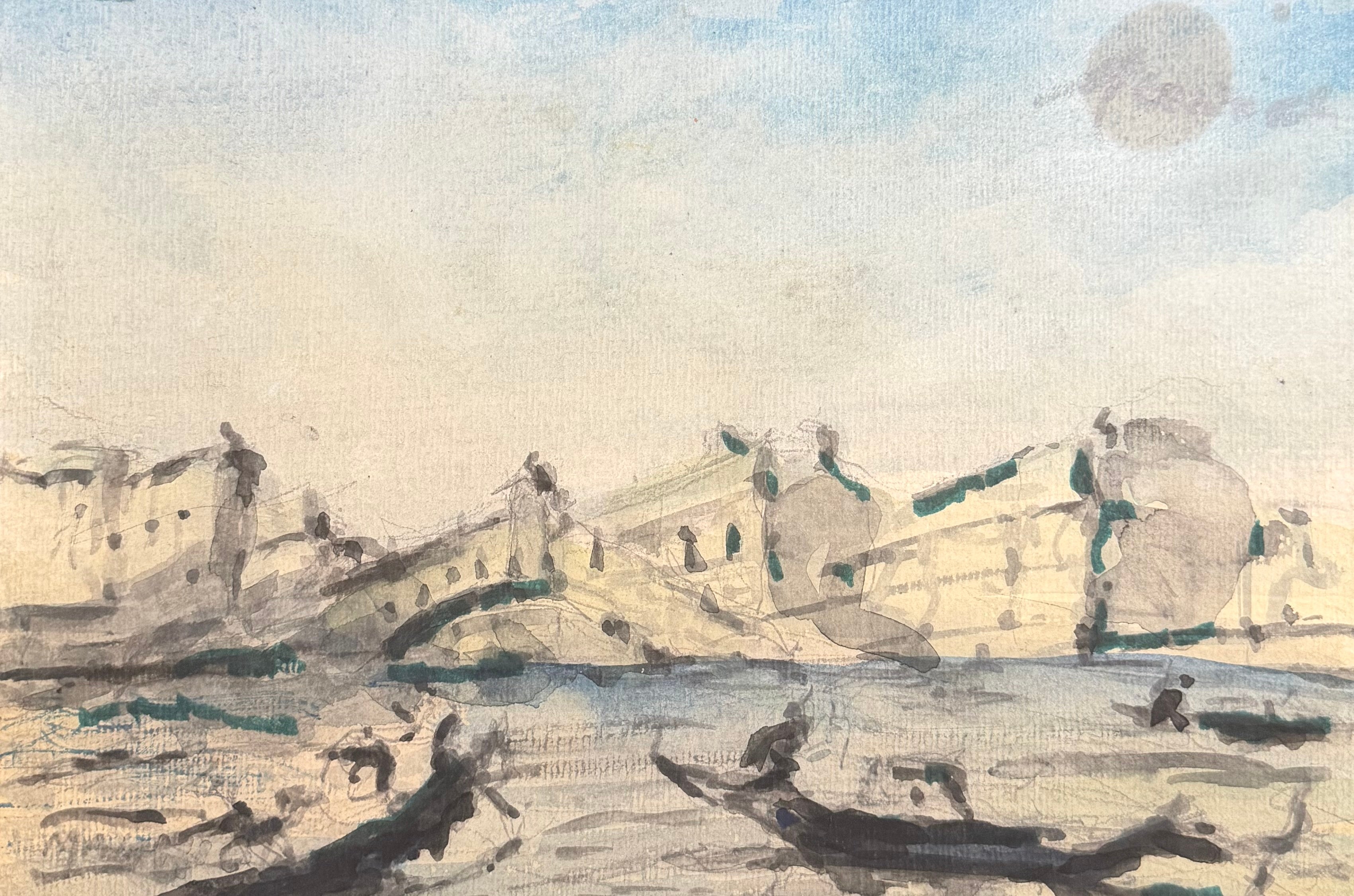Figurative Painting de Maurice Mazeilie - Puente de Rialto en Venecia con góndolas: acuarela impresionista francesa