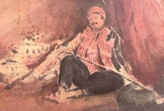 Acquerello impressionista francese raffigurante un pescatore a riposo in abito a righe rosse